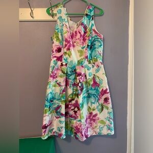 R&K White Floral V-Neck Midi Dress with Teal, Magenta & Green